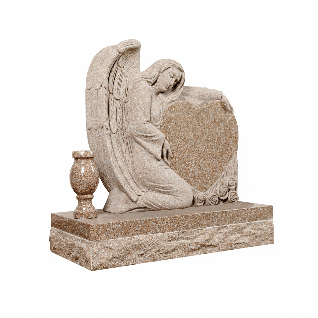 A meticulously sculpted memorial featuring a kneeling angel gently embracing a heart-shaped gravestone, detailed with carved roses. This granite artwork is suitable for headstones and monuments.