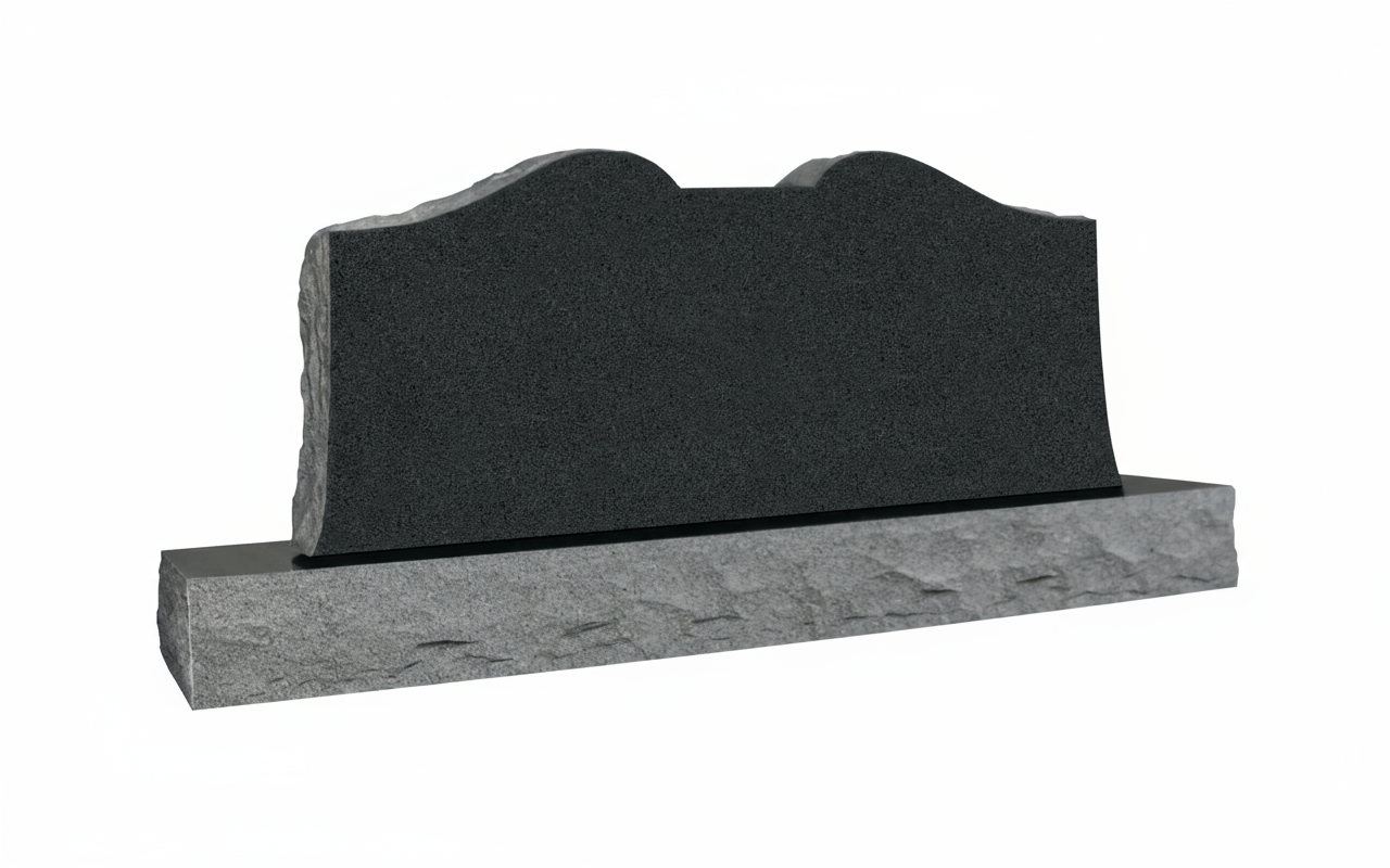 A two-heart shaped modern memorial headstone with a dark, polished tablet resting on a lighter, rough-hewn granite base. This design is ideal for commemorating relationships or loved ones with a blend of elegance and natural appeal.