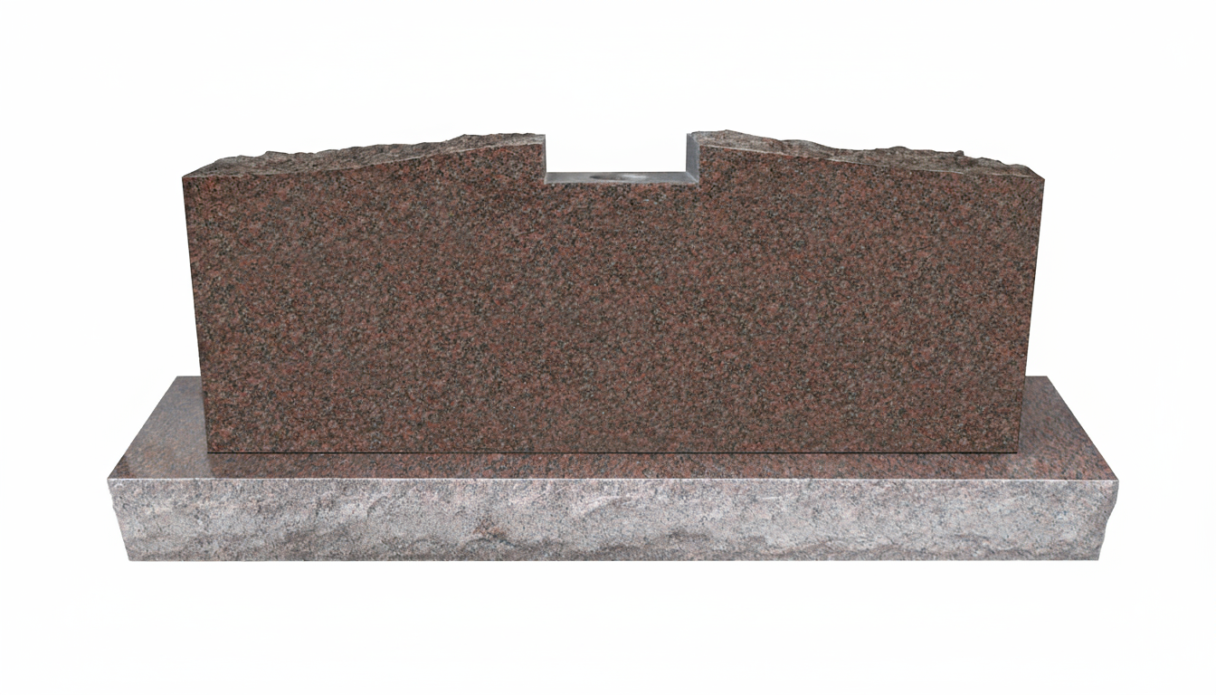 A robust headstone made of polished red granite with a rugged, rock-pitched top edge. The memorial sits on a rough-hewn gray granite base, an ideal choice for durable and elegant remembrance. Perfect for a lasting tribute.