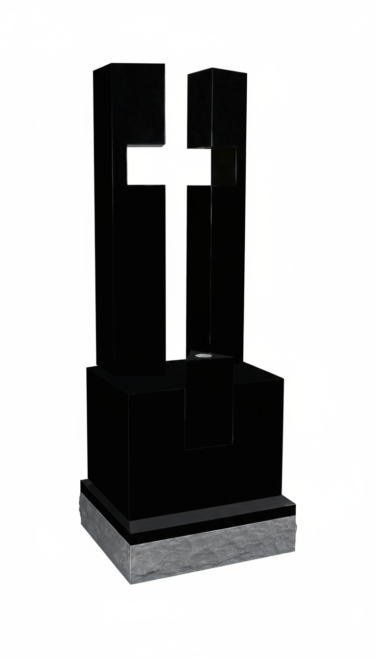 A modern, upright cemetery monument made of polished black granite with a recessed, lighter-toned cross design in the upper portion, set on a rough-hewn light gray base. This contemporary memorial signifies faith and remembrance.