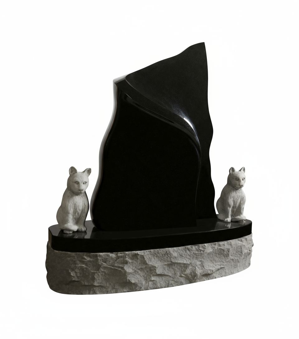 A modern black granite upright monument with a smooth, curved shape. It stands on a polished black base, which then rests on a rough-cut gray stone foundation. Two detailed gray cat sculptures sit on either side of the monument, looking forward.