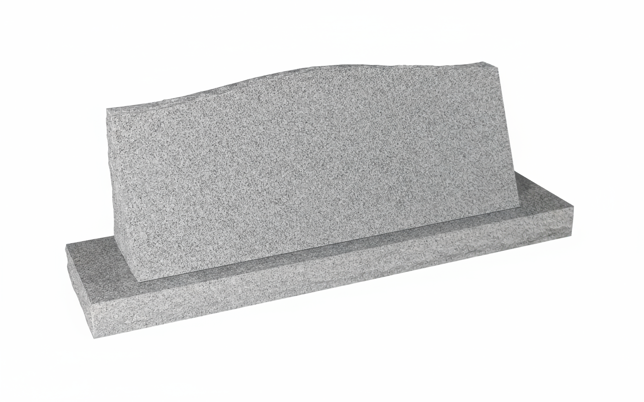 A blank, light gray speckled granite upright memorial headstone with a gently curved top edge, resting on a matching rectangular base. The natural stone's texture is visible, indicating a custom-ready foundation for engraving.