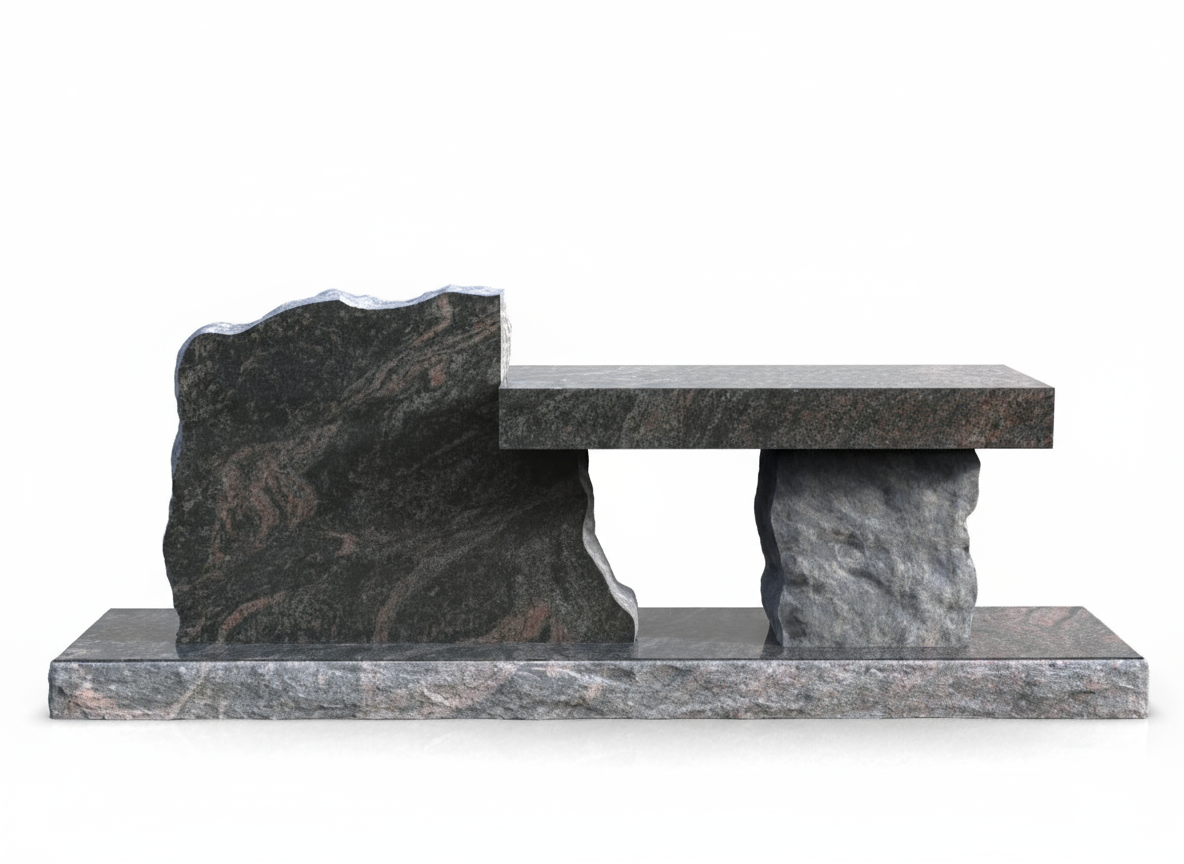 A modern abstract memorial bench made of dark, textured granite. It features a polished base, an irregular-shaped upright stone, and a horizontal slab for seating, supported by the upright and a raw-cut stone block, against a white background.