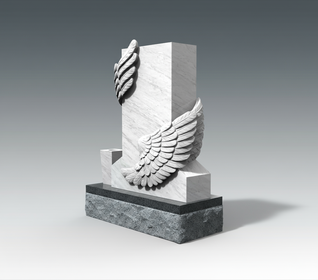 A detailed upright memorial sculpture featuring gracefully carved angel wings on both sides of a white marble monument, set on a dark granite base. The wings embody intricate feather details, symbolizing protection and ascent to the heavens, suitable for a serene remembrance. This design offers a profound spiritual expression.