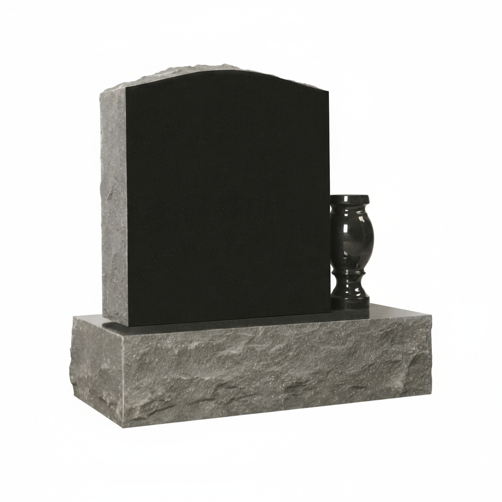 A minimalist upright headstone made of polished black granite, set on a textured grey granite base. A matching black granite vase is positioned to the right of the main slab, designed for storing memorial flowers.