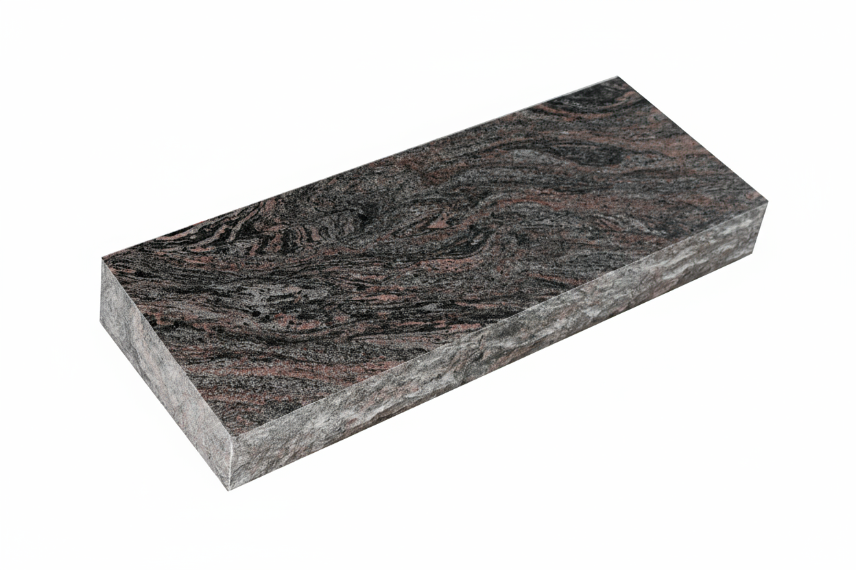 A rectangular granite slab with striking dark gray and black swirling patterns, showcasing natural reddish-brown veins. The top surface is polished, while the sides have a rough, unpolished texture, ideal for a memorial base.