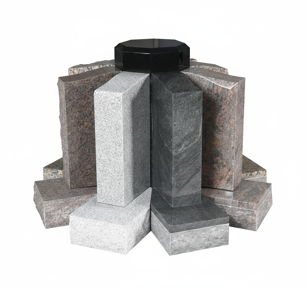 A circular display of various granite memorial stone samples, including light grey, dark grey, brown, and red granites, arranged around a central black capstone. The image highlights the different textures and natural color variations of the stones, suitable for headstones and monuments.