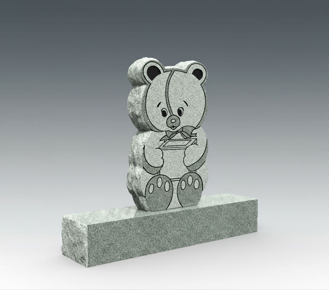 A detailed engraving design of a classic teddy bear holding a blank plaque, ideal for children's memorials. The art has defined lines and a gentle expression.