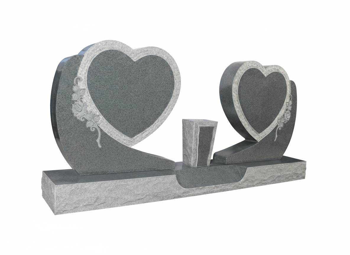 A gray double heart-shaped headstone with intricate rose and foliage engravings on the outer edges. The central panels of the hearts are recessed, providing space for inscriptions, bordered by a polished outline. This design is ideal for memorials commemorating two individuals.
