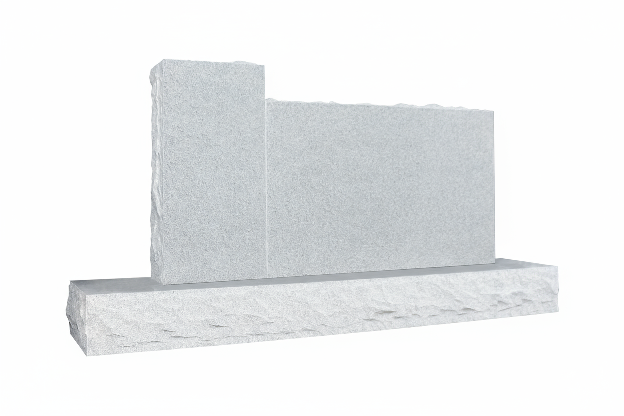A blank, light grey two-piece upright monument with a smooth, polished rectangular top section (die) and a rugged, rock-pitched base. The stark design is ideal for custom engravings and inscriptions, providing a clean canvas for personalized memorial artwork.