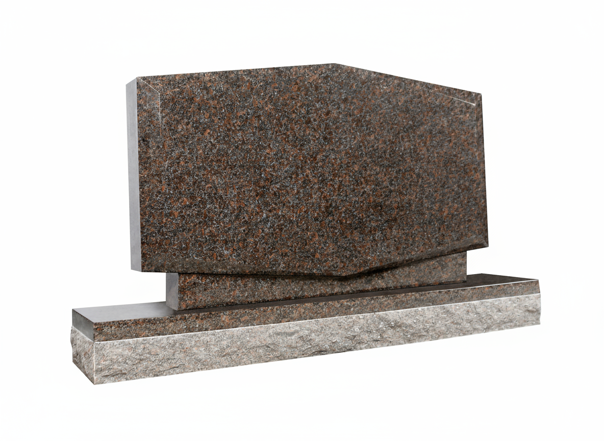 A modern abstract headstone made of polished brown granite with shimmering specks. The design features an asymmetrical cut in the center and rests on a lighter gray, rough-finished base.