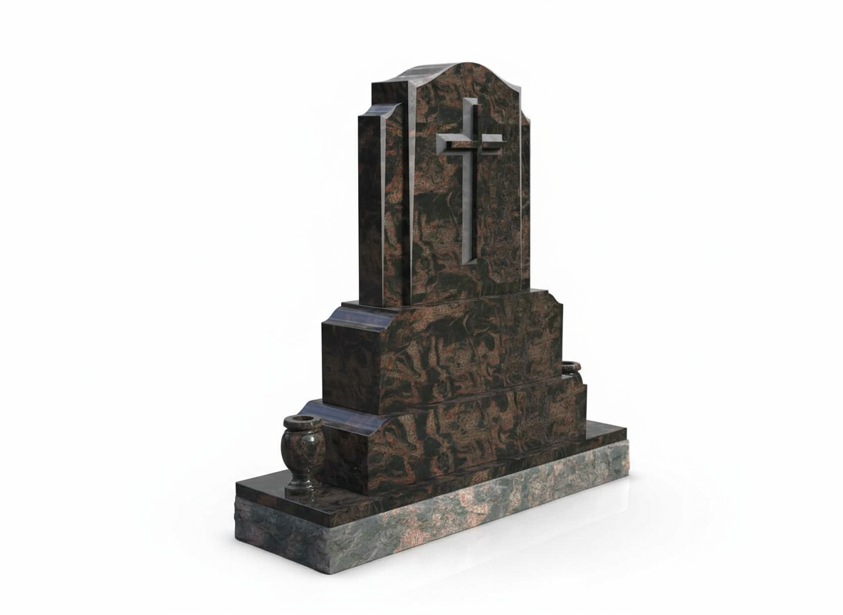 A detailed upright memorial monument made of dark, patterned granite, featuring a recessed Latin cross carving on its face. The monument stands on multiple tiered bases with one decorative vase, ideal for a dignified religious commemoration. This design is perfect for those seeking a traditional and reverent tribute.