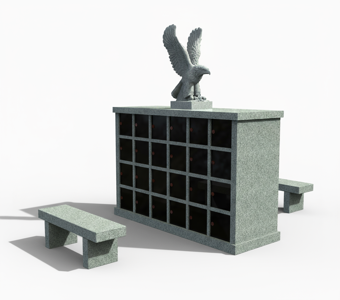 A detailed granite columbarium with multiple dark niches, topped by a powerful eagle sculpture with wings spread. Two matching granite benches are placed on either side, creating a complete and serene cremation memorial setting.