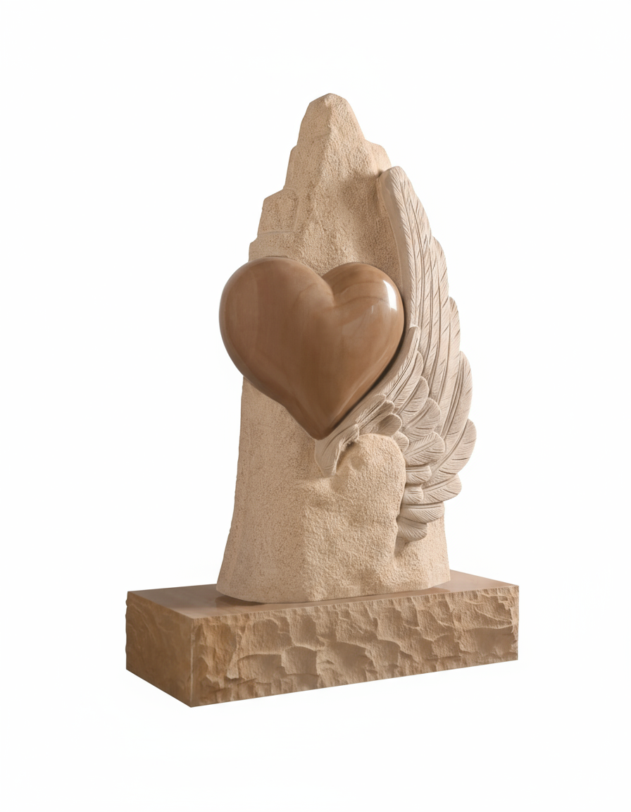 A detailed memorial sculpture showing a smooth, polished heart nestled against a textured stone background, partially enveloped by a finely carved angel wing. The wing features intricate feather details, contrasting with the rugged texture of the main stone form and the smooth heart.