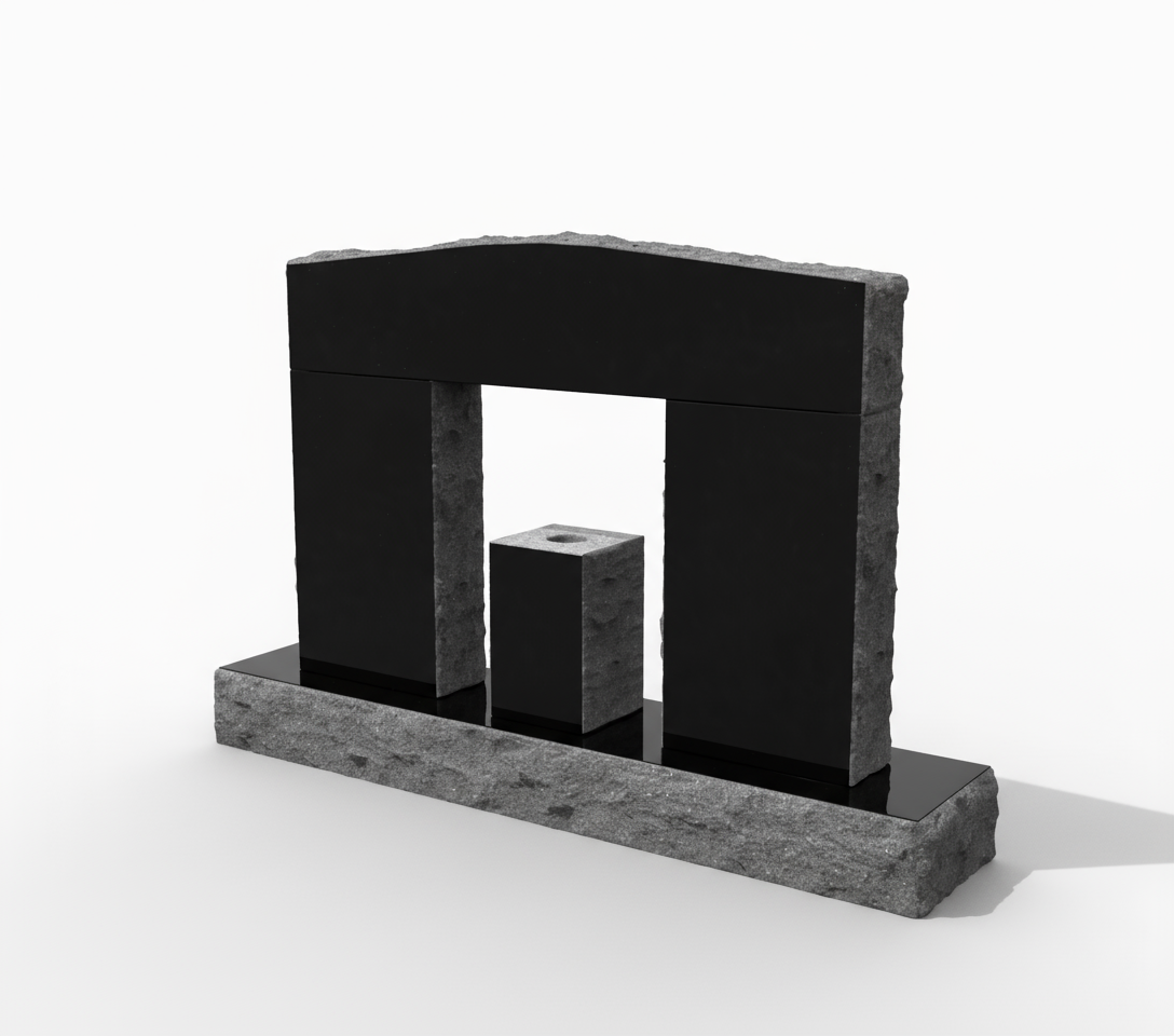 A modern abstract dark granite memorial featuring two tall, rectangular slabs creating an arch, with a smaller central pedestal vase. The design uses polished black granite contrasted with a rough, natural-edged base for a powerful and striking commemorative piece.