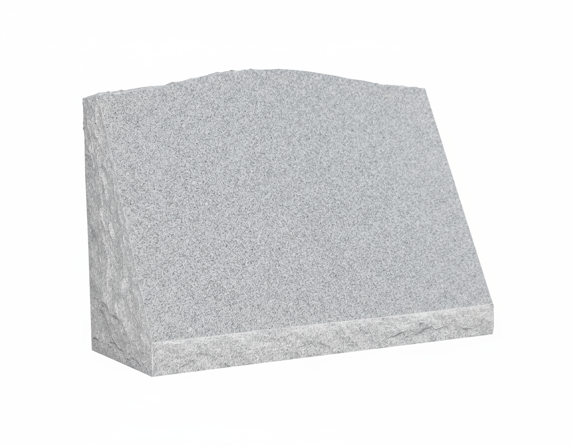A blank, light gray granite upright memorial with a gently curved top and rough, pitched edges along its sides and bottom, set against a white background. The front face is smooth and ready for engraving artwork, while the sides display a natural, rugged stone finish, offering a classic and customizable option for headstones.