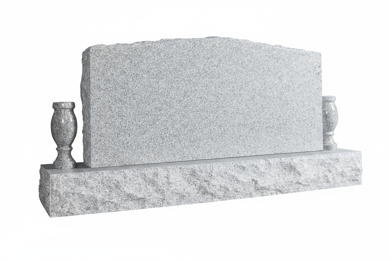 A blank, light gray granite upright monument with a rough top edge, resting on a polished base. Two matching granite vases flank the main marker, ready for floral tributes. This design accommodates custom engravings for a personalized memorial.