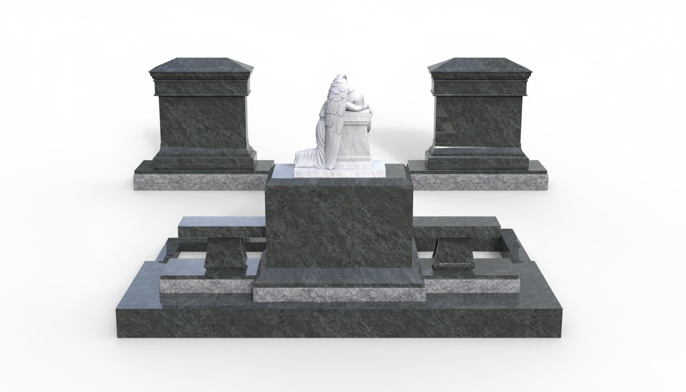 A detailed sculpture of a grief-stricken angel kneeling and resting her head on a memorial, crafted from light-colored stone, set within a larger dark marble monument. This intricate religious artwork symbolizes deep sorrow and eternal remembrance, often chosen for grand mausoleums and family plots.