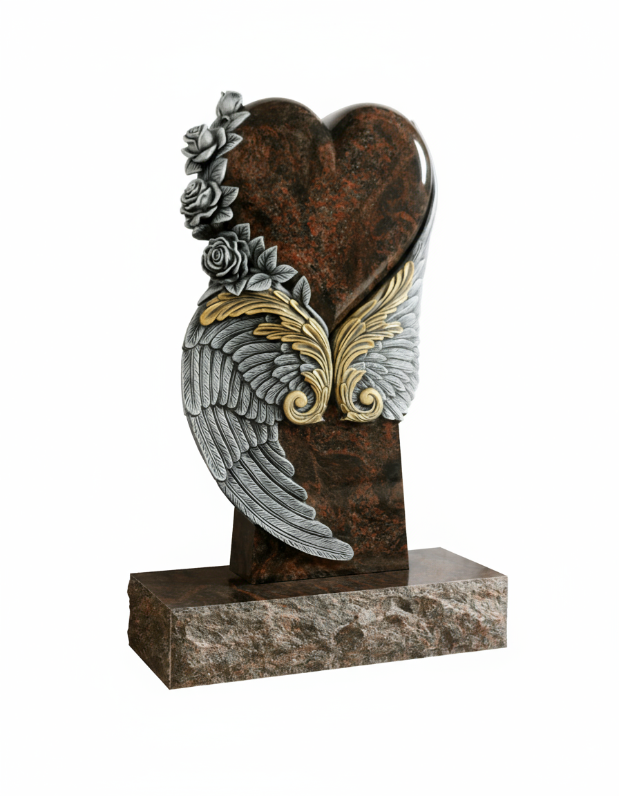 A detailed memorial artwork featuring a heart, adorned with delicately carved roses cascading down one side. Elegant angelic wings extend from the base of the heart, featuring both silver and gold detailing for a rich, commemorative look.