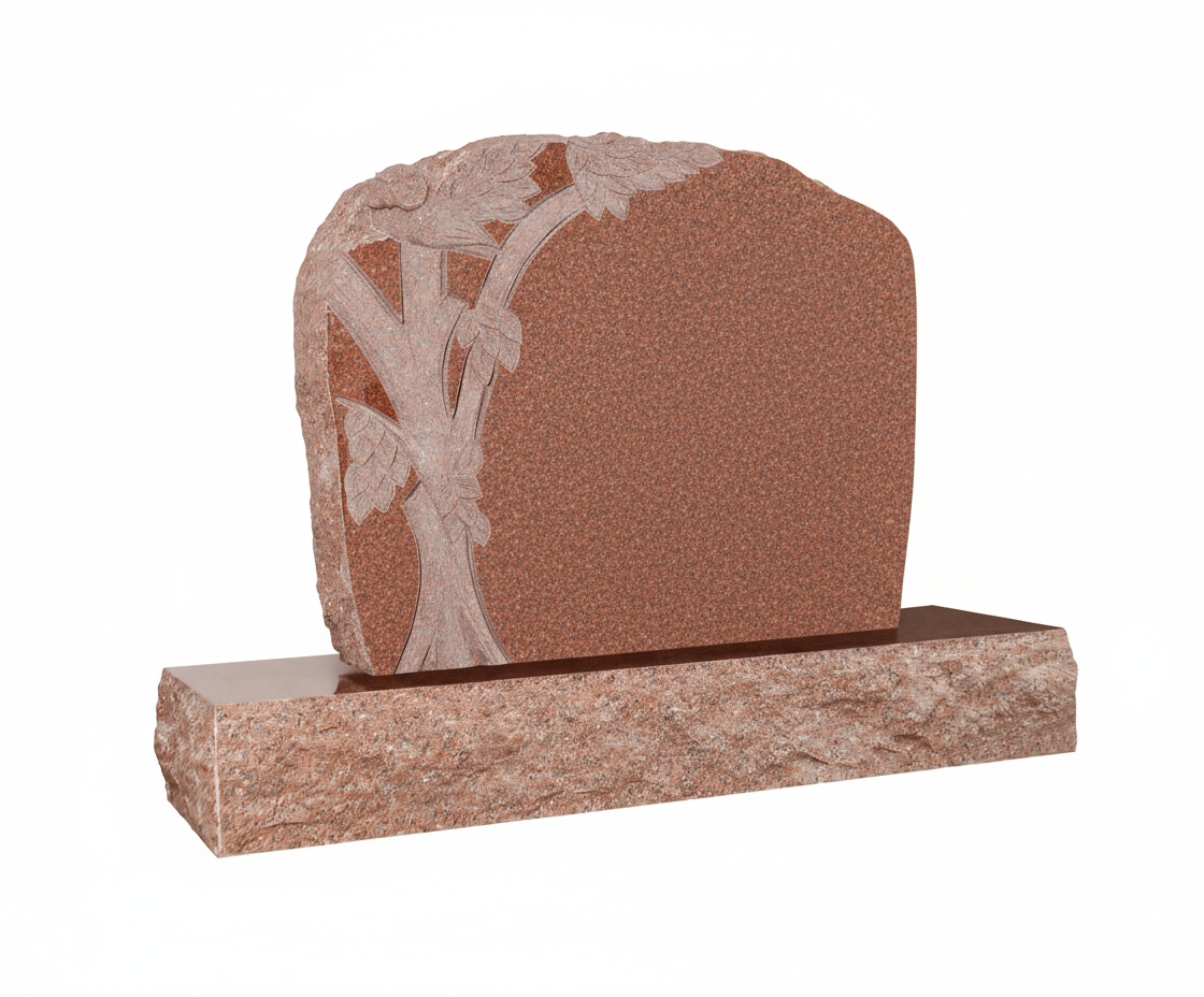 A detailed tree of life engraving on a red granite memorial, featuring intricate branches, leaves, and two small birds. The design is deeply carved, creating a beautiful contrast against the polished stone for a lasting tribute.