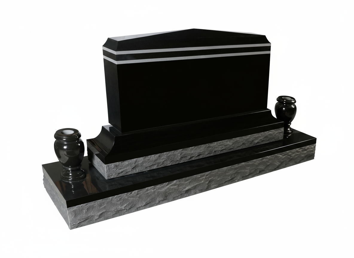 A modern, polished black granite upright headstone with two horizontal white line engravings near the top. It features a sleek base and two matching black granite flower vases, all set on a rough light grey granite foundation.