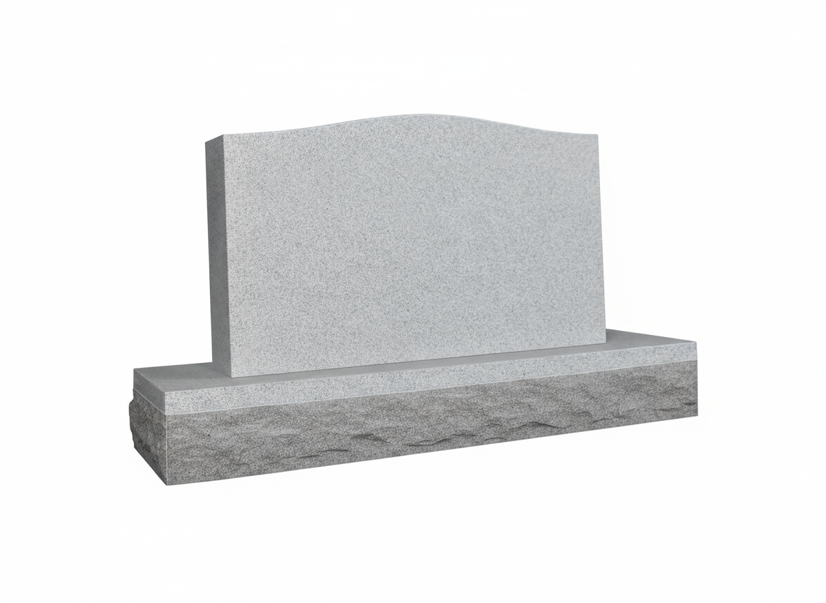 A minimalist, polished gray granite upright headstone with a gently curved top, positioned on a textured, rock-pitched base. This simple yet elegant design provides a clean surface for personalized memorial engravings.