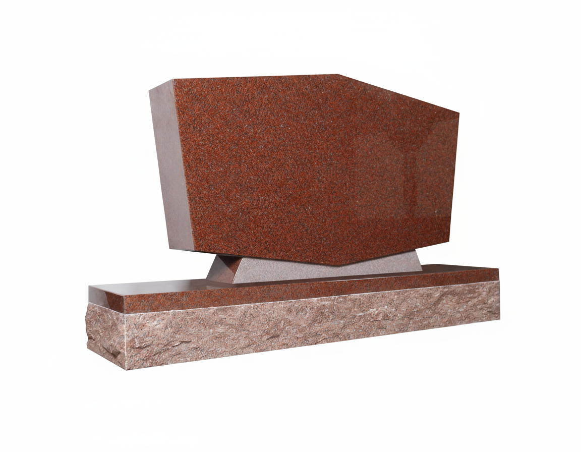 A modern memorial monument crafted from red granite, featuring a sleek, polished main stone angled dynamically on a rock-pitched base. The design combines contemporary aesthetics with robust material for a lasting tribute.