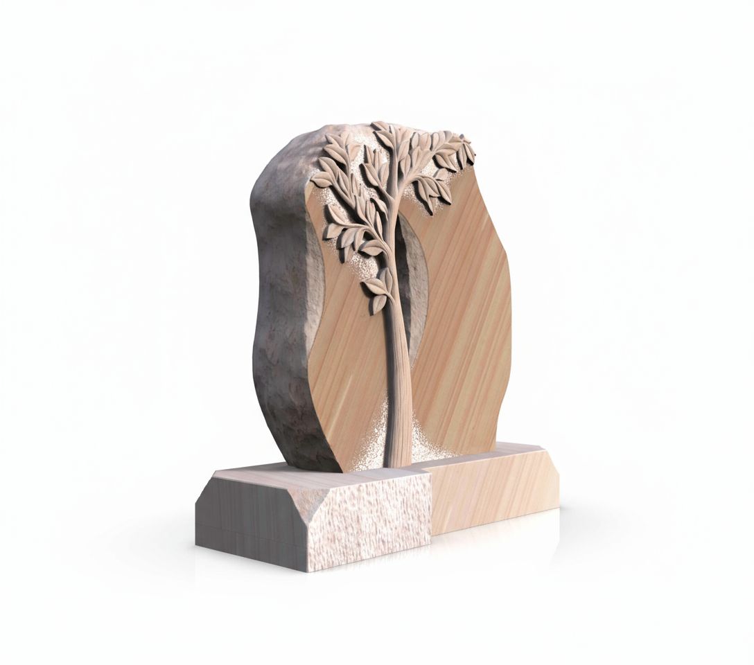 A detailed carved tree of life artwork integrated into a memorial stone design. The sculpture features a prominent tree trunk with many individual leaves, all rendered with deep relief and natural textures, suitable for a headstone or monument.