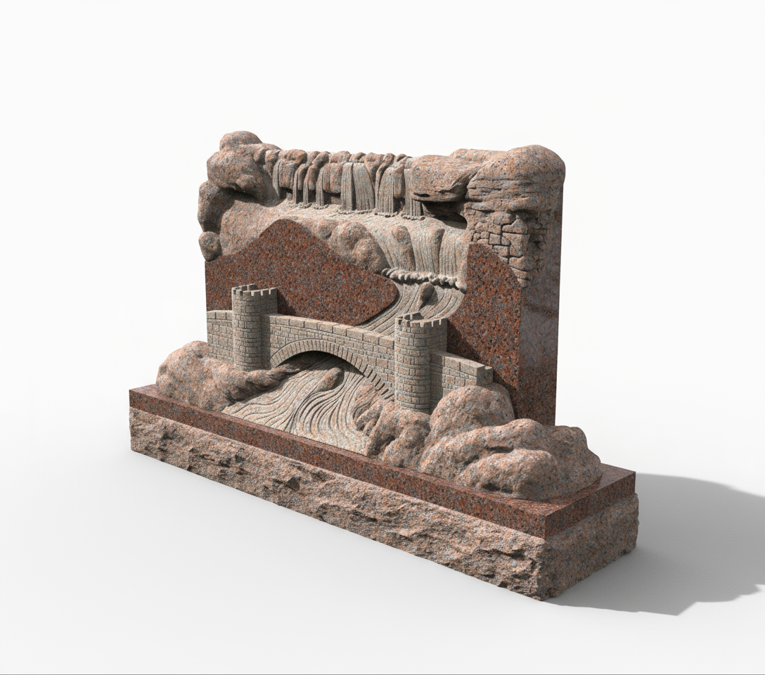 An intricate stone carving depicting a picturesque landscape featuring a cascading waterfall, a winding river, and an arched stone bridge with turrets, all set amidst rugged rock formations. This detailed artwork is suitable for lasting memorial tributes.