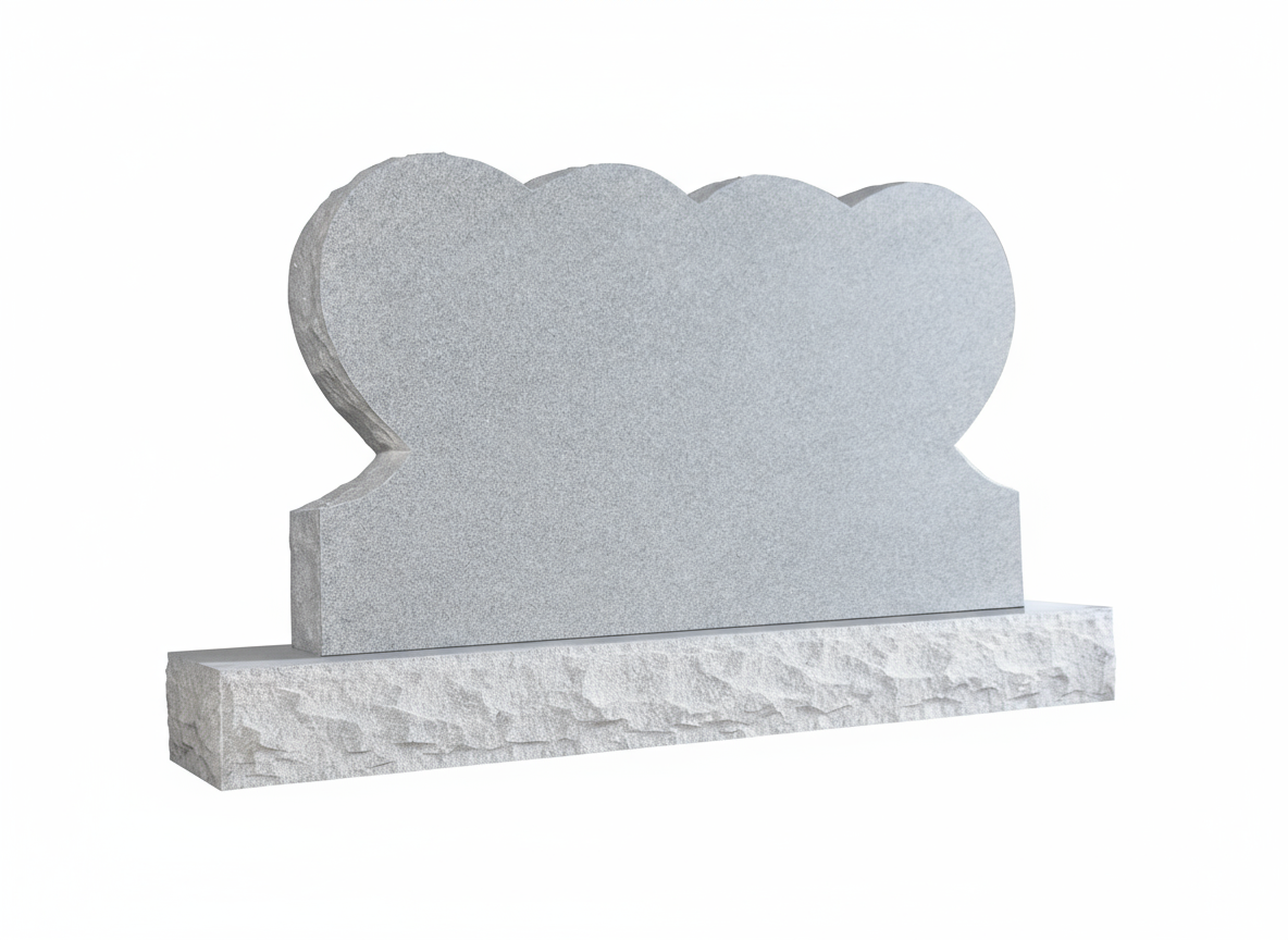 A light gray granite monument featuring a triple heart-shaped upright tablet on a rough-rock finished base, symbolizing the eternal bond of a family or multiple loved ones. The polished surface is ideal for personalized engravings. This contemporary design is perfect for companion or family memorials.