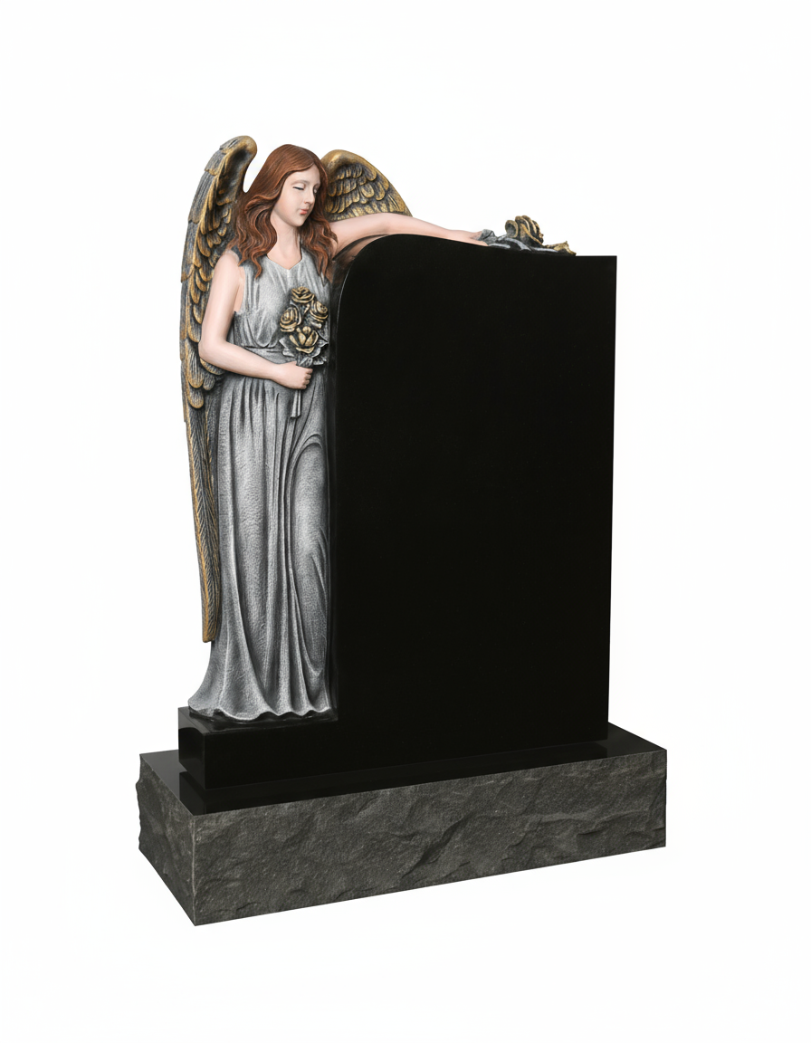A detailed, realistic sculpture of an angel with long flowing hair, golden wings, and holding roses, leaning against a polished black monument. The angel's graceful pose and serene expression convey peace and remembrance, making it a fitting memorial artwork.