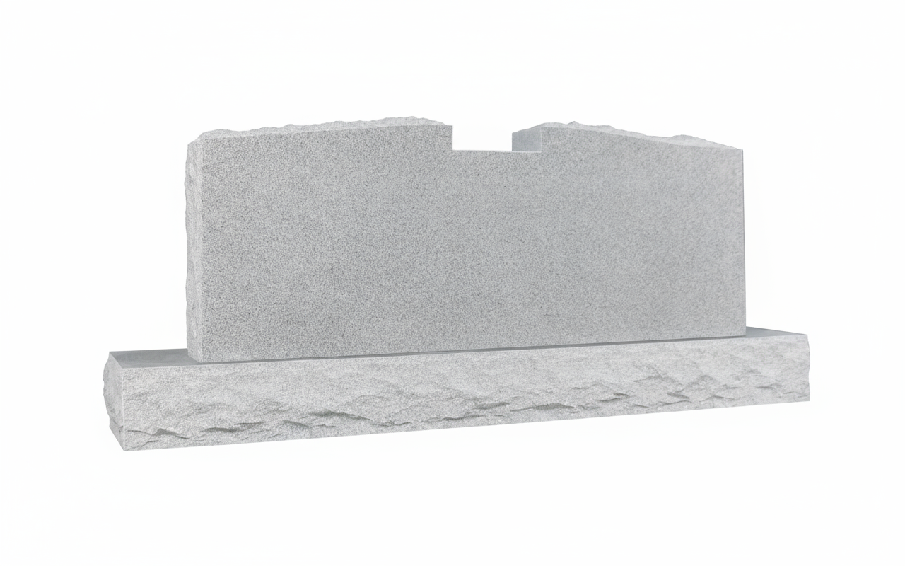 A blank, light grey granite upright headstone with natural, rugged edges on both the monument and its matching base. The top of the headstone features an intriguing, irregular carved-out section, providing a unique canvas for custom engraving. The base has a rock pitched finish, adding to its natural aesthetic.