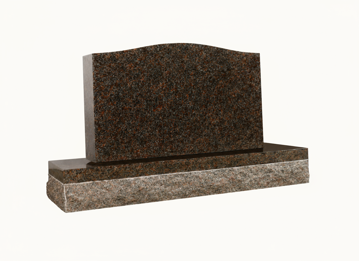 A polished red granite upright monument with a gracefully wavy top, set upon a polished base and a larger, rough-cut granite foundation. The rich, granular texture of the granite is prominent.