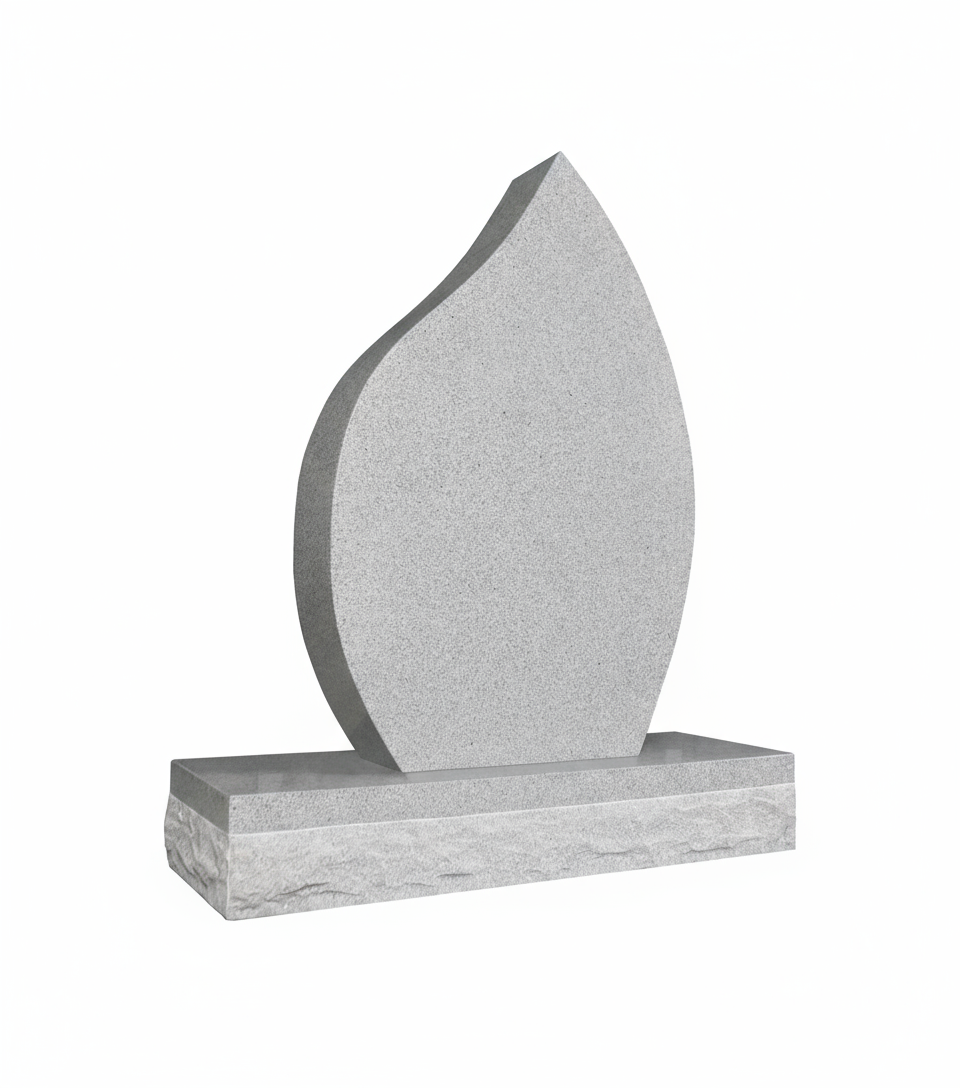 A modern granite memorial featuring a flame or teardrop-shaped upright tablet with a polished finish, resting on a wider, rock-faced granite base. The design is contemporary and sleek.