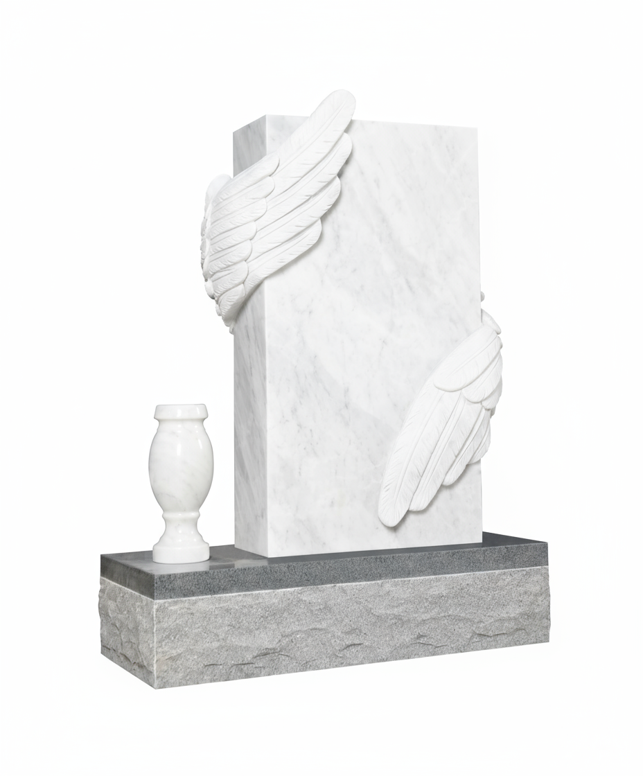 A majestic white marble upright monument with exquisitely carved angel wings wrapping around its sides, symbolizing protection and peace. A matching marble vase rests alongside the base, offering a place for floral tributes. This detailed artwork is perfect for a cherished memorial.