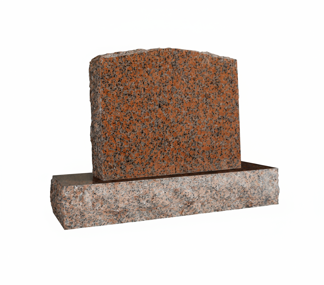 A blank upright memorial headstone made of heavily speckled red granite, with a rough, rock-pitched left edge on the die and a contrasting polished top on the base. The natural variations of red, black, and gray in the granite are prominent, providing a dignified and durable surface for personalization.