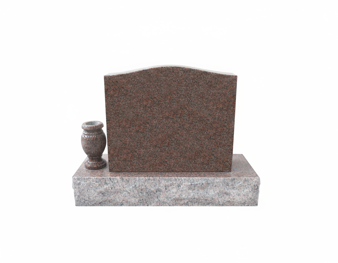 A reddish-brown polished granite upright headstone with a subtly curved top, positioned on a lighter gray granite base. A matching granite floral vase sits to the left of the main upright stone, ready for flowers.