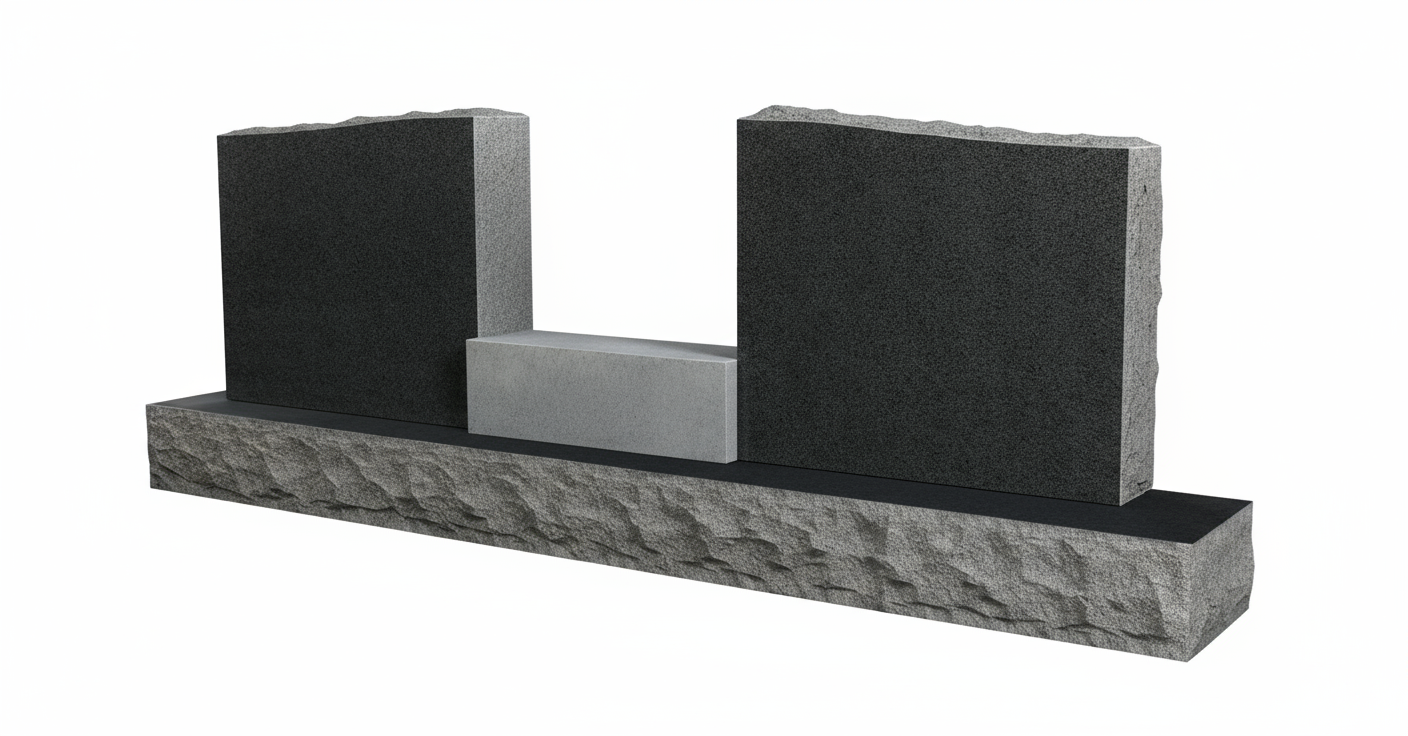 A companion upright monument featuring two polished black granite tablets with natural rock pitch edges, flanking a smaller gray granite inlay, all set upon a rustic-faced gray granite base. This elegant and durable design is suitable for commemorating two individuals.