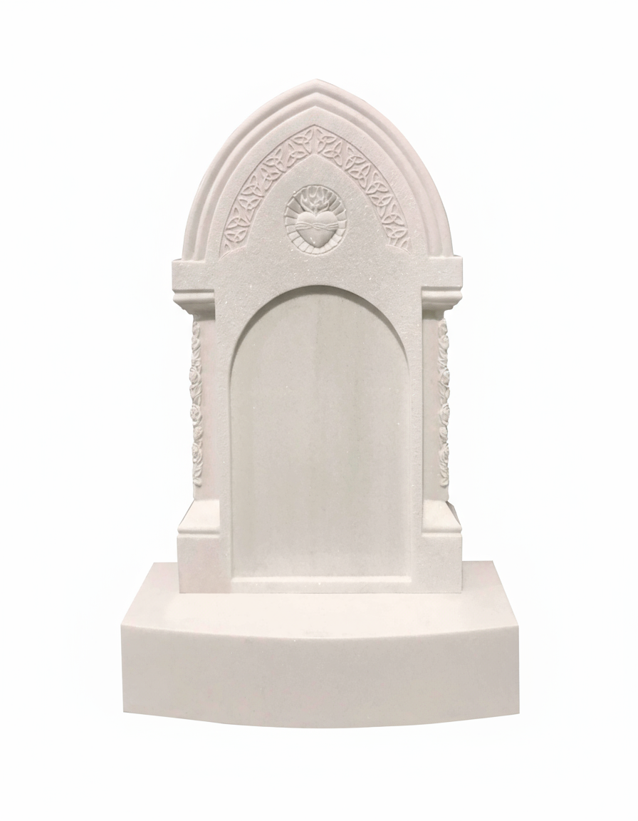 A grand memorial artwork featuring a Sacred Heart engraving centered within a gothic arch, flanked by ornate Celtic knotwork. Delicate rose garlands adorn the side pillars, offering a blend of religious devotion and cultural symbolism.
