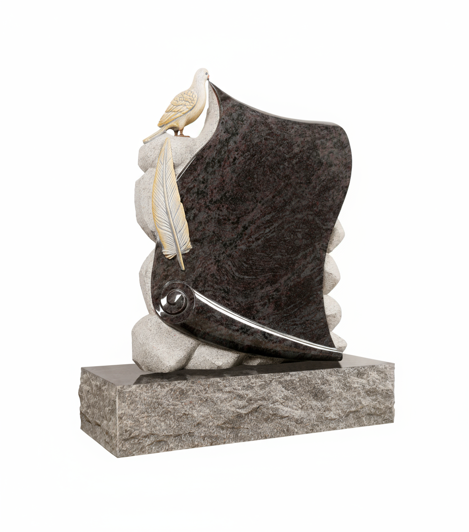 A detailed memorial artwork featuring a granite scroll with a dove perched on top and a feather lying beside it, symbolizing peace, remembrance, and the spiritual journey. Ideal for headstones and monuments.