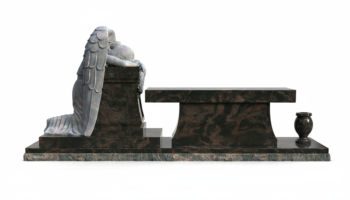 A detailed sculpture of a kneeling angel with large wings, head bowed in sorrow, resting on a dark, patterned granite monument. This powerful artwork is designed for a grand memorial, conveying deep remembrance and grief.
