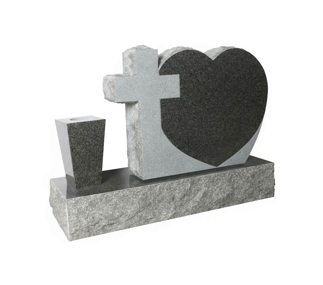 A modern grey granite headstone featuring a prominent heart shape and a cross, with a darker polished granite inlay for the heart. An accompanying tapered dark granite vase completes this contemporary and symbolic memorial design.
