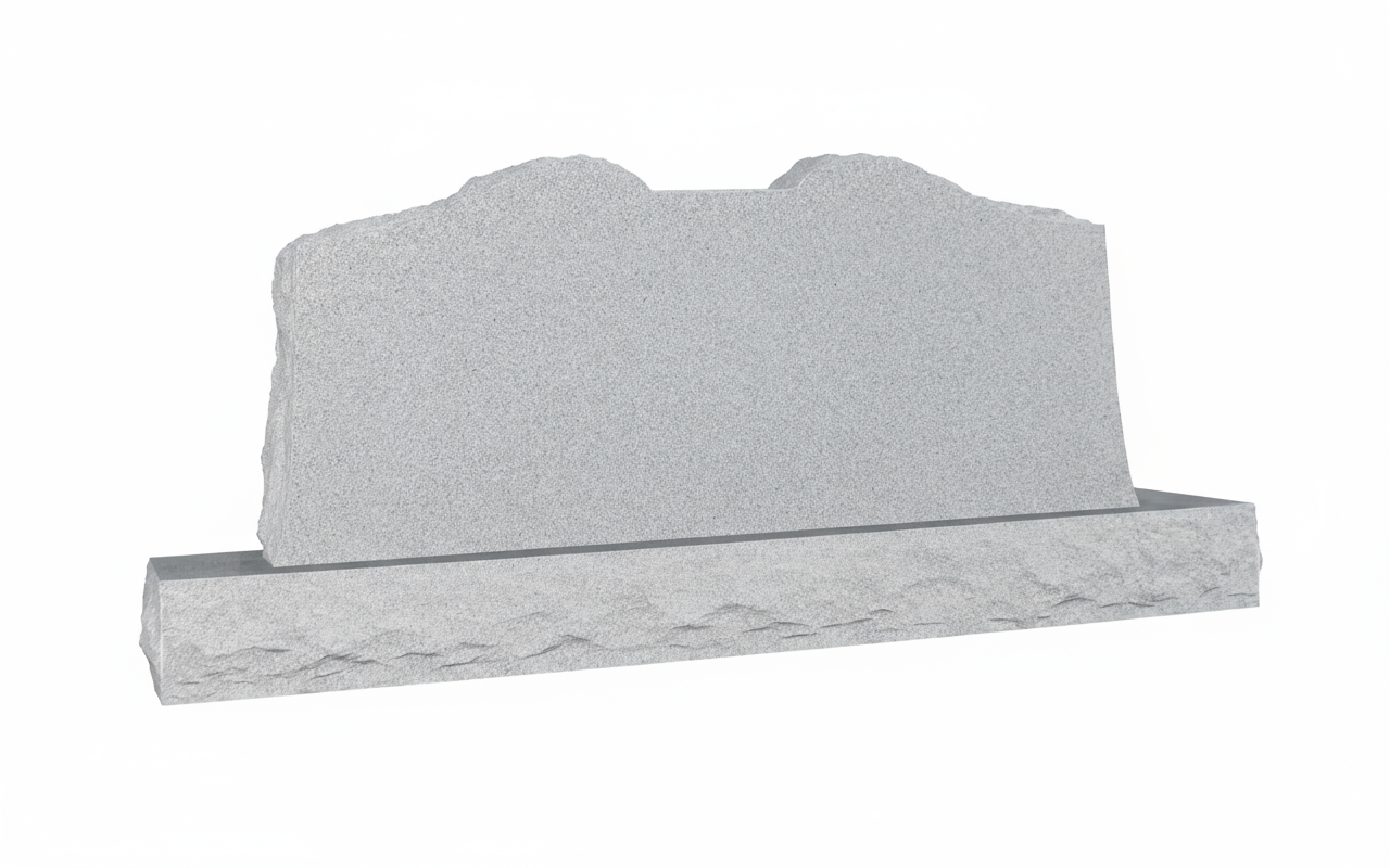 A light grey granite headstone with a natural, uneven summit and a rock-pitched base, presented on a white background. The front face is smooth and blank, awaiting custom engraving for memorial purposes.