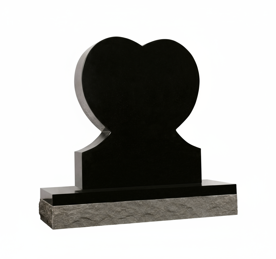A sleek, heart-shaped upright memorial made of polished black granite, resting on a textured grey granite base. This design offers a sophisticated and timeless tribute, perfect for personalization.