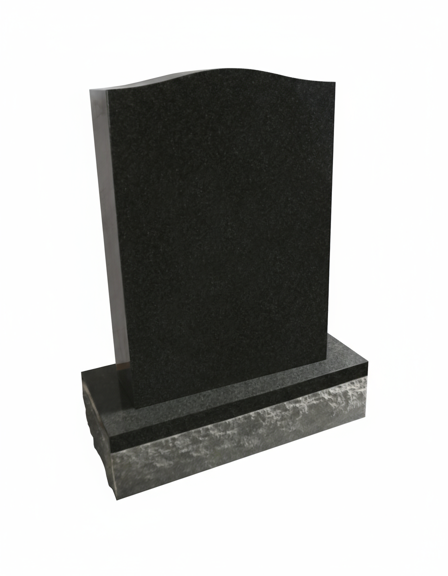 A minimalist, dark gray upright headstone with a gently curved top, sitting on a polished base atop a rough-cut granite foundation. The plain surface is ideal for custom engravings, offering a dignified and classic appearance.