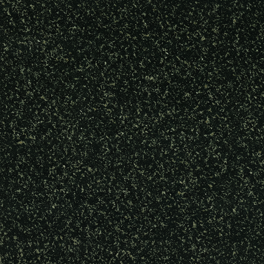 A close-up image of dark green granite, showing a fine-grained, speckled texture with varying shades of green and black. This natural stone background is suitable for memorial designs.