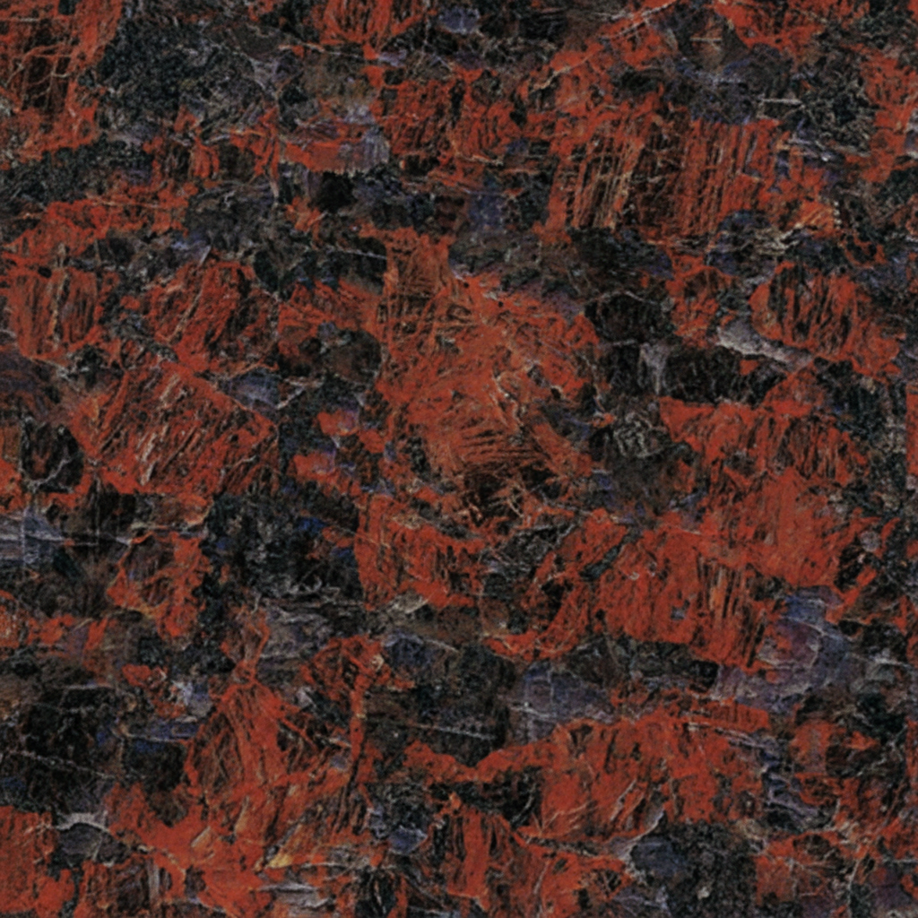 A close-up image of a red and black abstract granite texture, featuring rough, irregular patches of vibrant red minerals interspersed with deep black and dark gray elements. This natural stone pattern showcases the inherent beauty and strength of granite, suitable for memorial artworks.