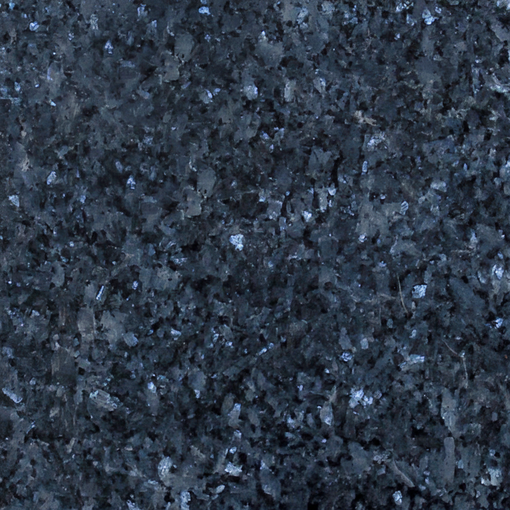 A close-up, high-resolution image of Blue Pearl granite, showcasing its shimmering blue, silver, and black speckled texture. Ideal for memorial artwork background or material representation.